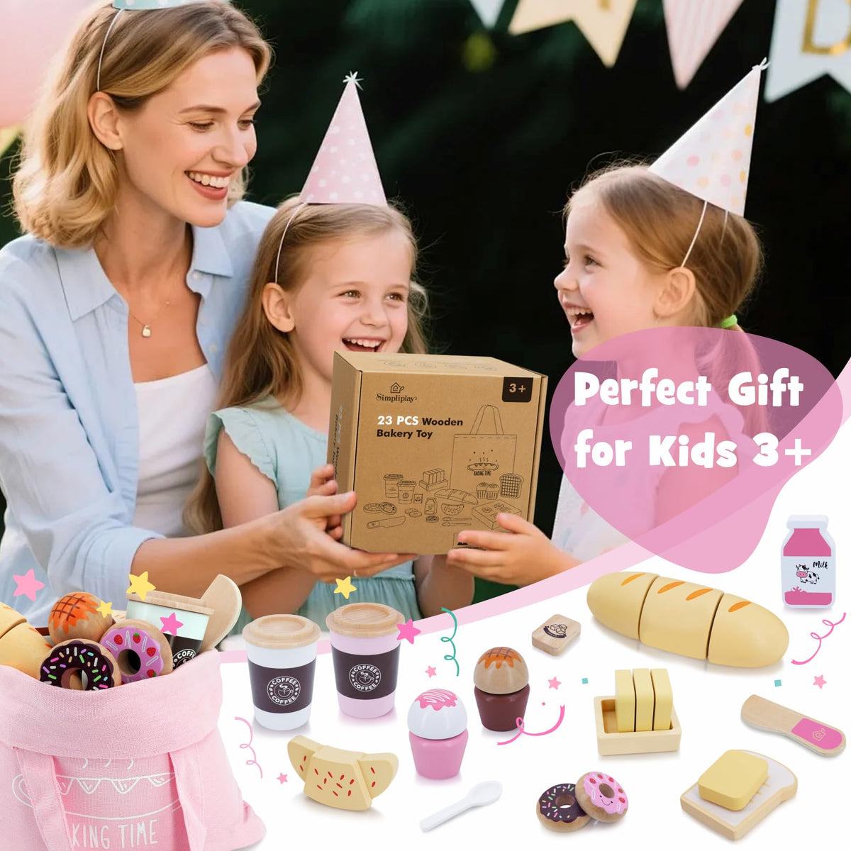 SIMPLIPLAY wooden shopping bag makes portable pretend play easy on the go.