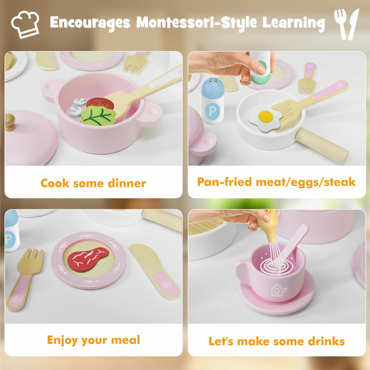 SIMPLIPLAY wooden cups support confident grip and pretend beverage service.