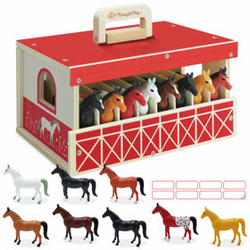 SIMPLIPLAY wooden horse stable playset with barn front, ideal for imaginative farm play.