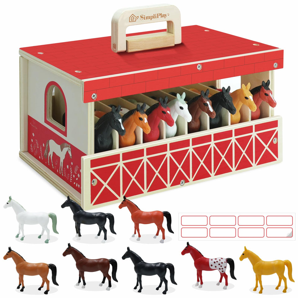 SIMPLIPLAY wooden horse stable playset with barn front, ideal for imaginative farm play.