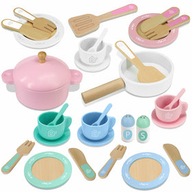 SIMPLIPLAY wooden plate set encourages imaginative play and social meals.