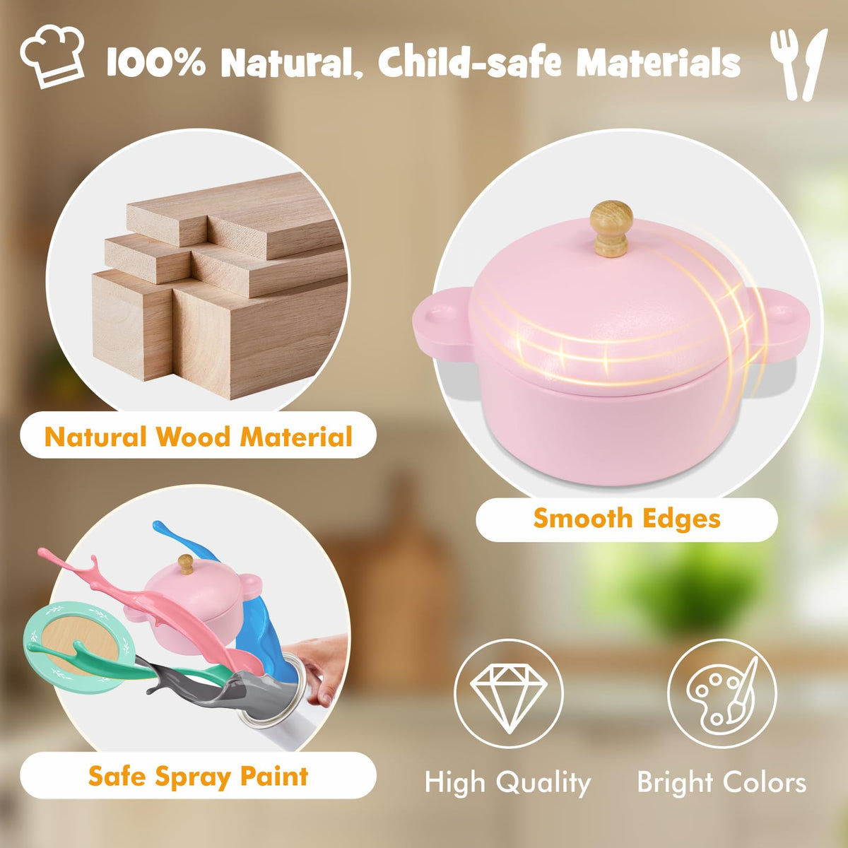 SIMPLIPLAY wooden saucers pair with plates for complete pretend dining scenes.
