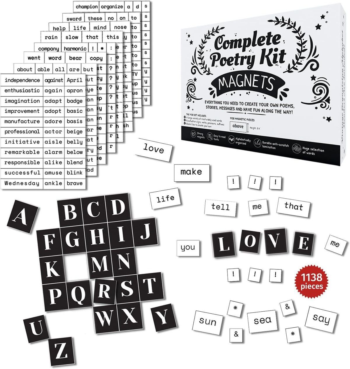 Simply Magic 1138-pcs poetry magnets on fridge for creative poems and conversations