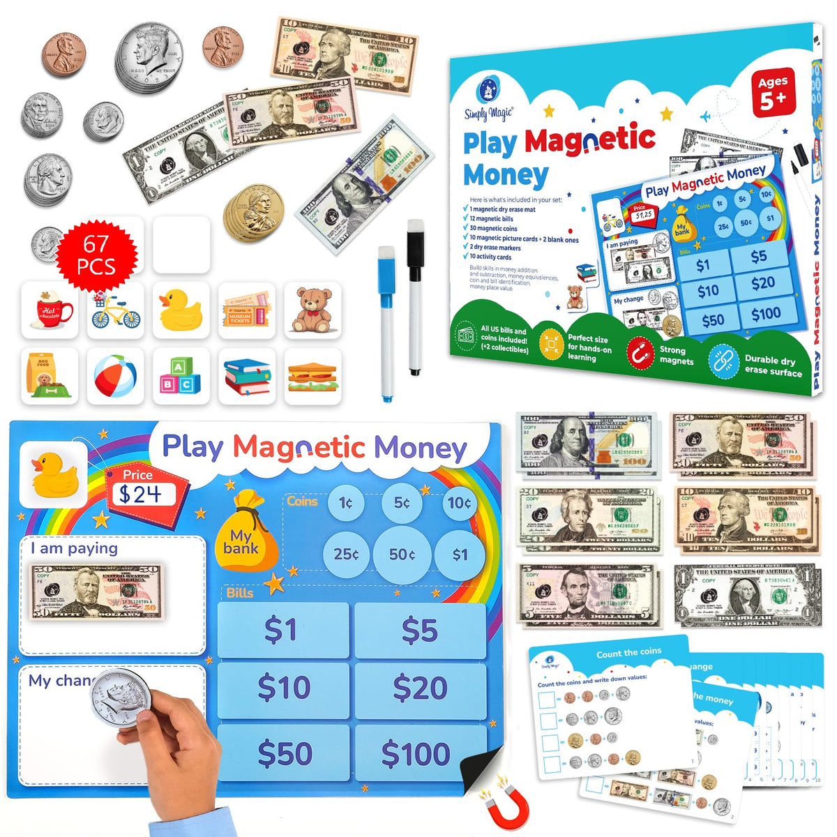Simply Magic 12 US bills for classroom money practice and fractional understanding