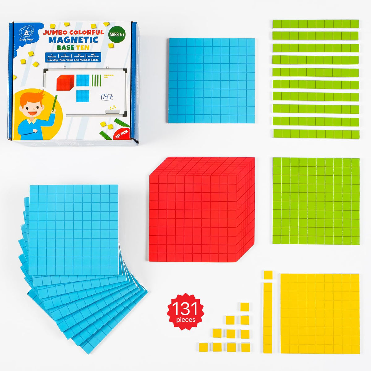Simply Magic 131 PCS Jumbo Base Ten Blocks set overview with magnetic manipulatives for place value learning