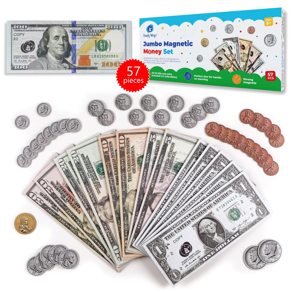 Simply Magic jumbo magnetic money shows a $100 bill for classroom recognition.