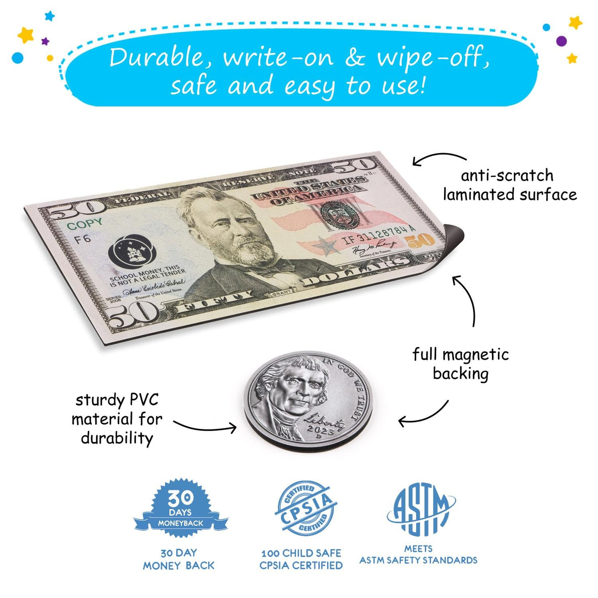 Simply Magic classroom setup with large play money for math lessons.