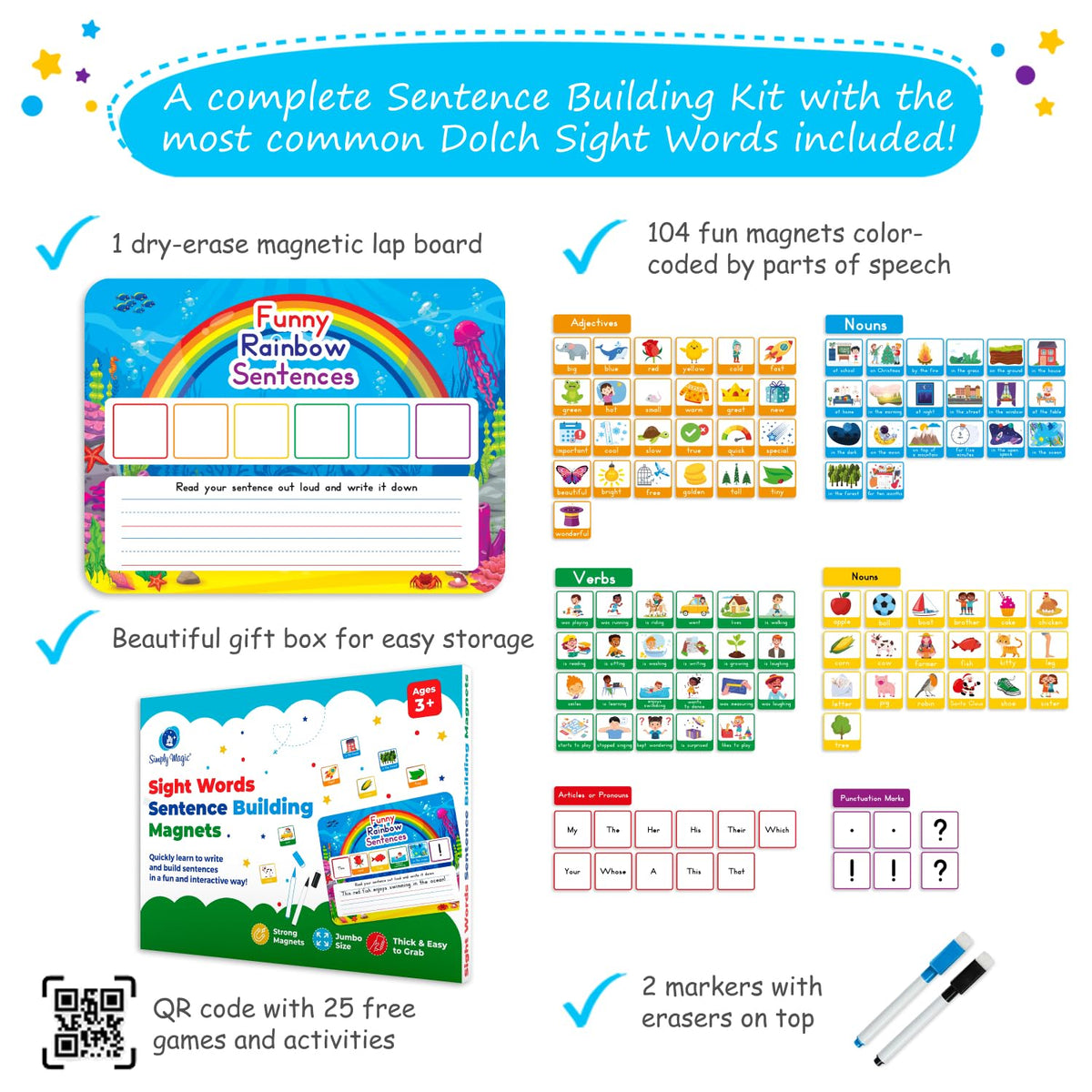 Simply Magic color-coded magnets 104 for sentence construction and memory.