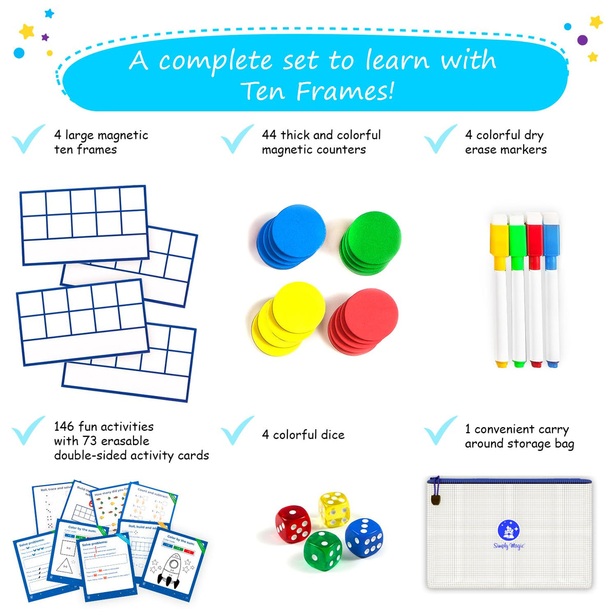 Simply Magic colorful dice used in group math games and number sense activities