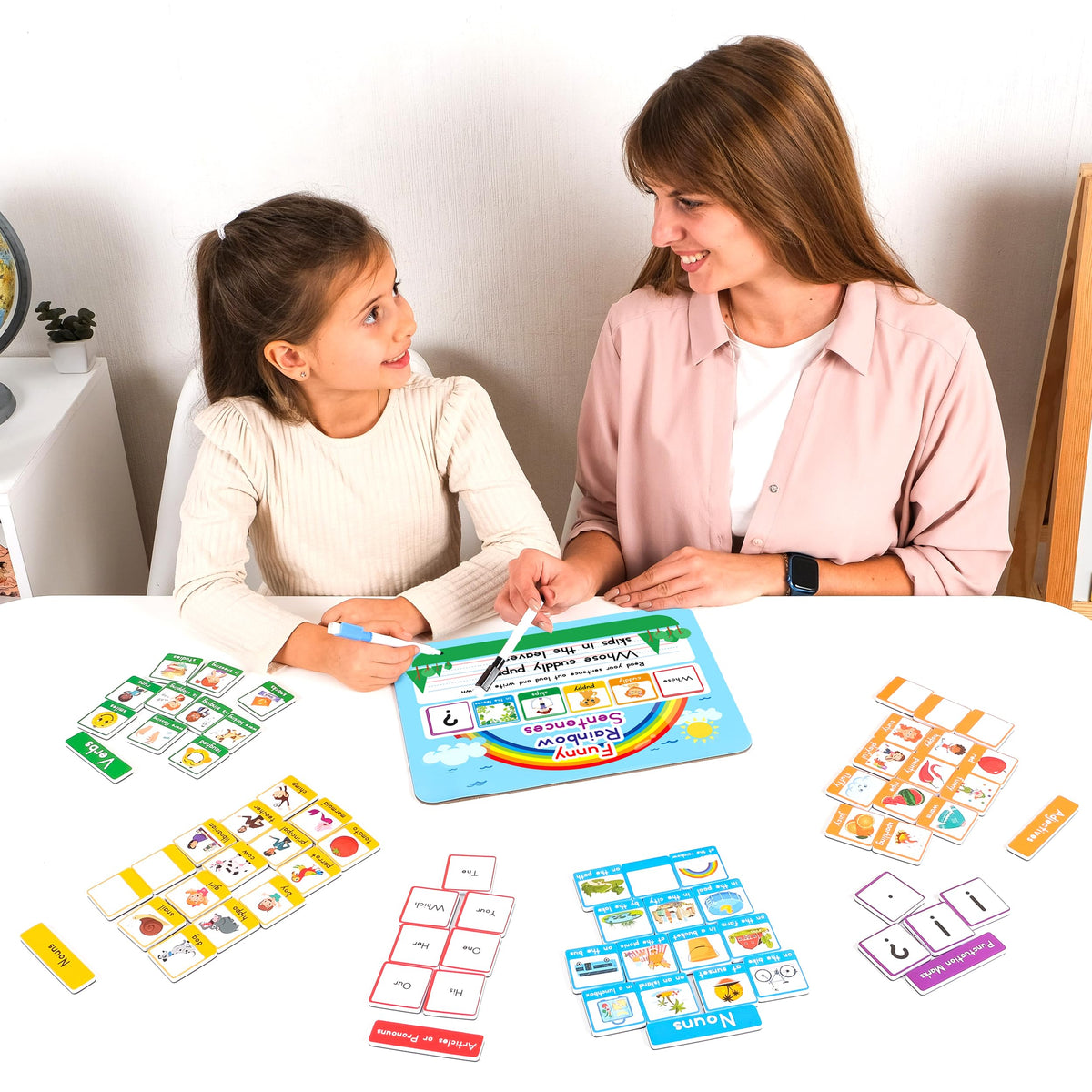 Simply Magic color-coded parts of speech magnets simplify sentence building sessions.