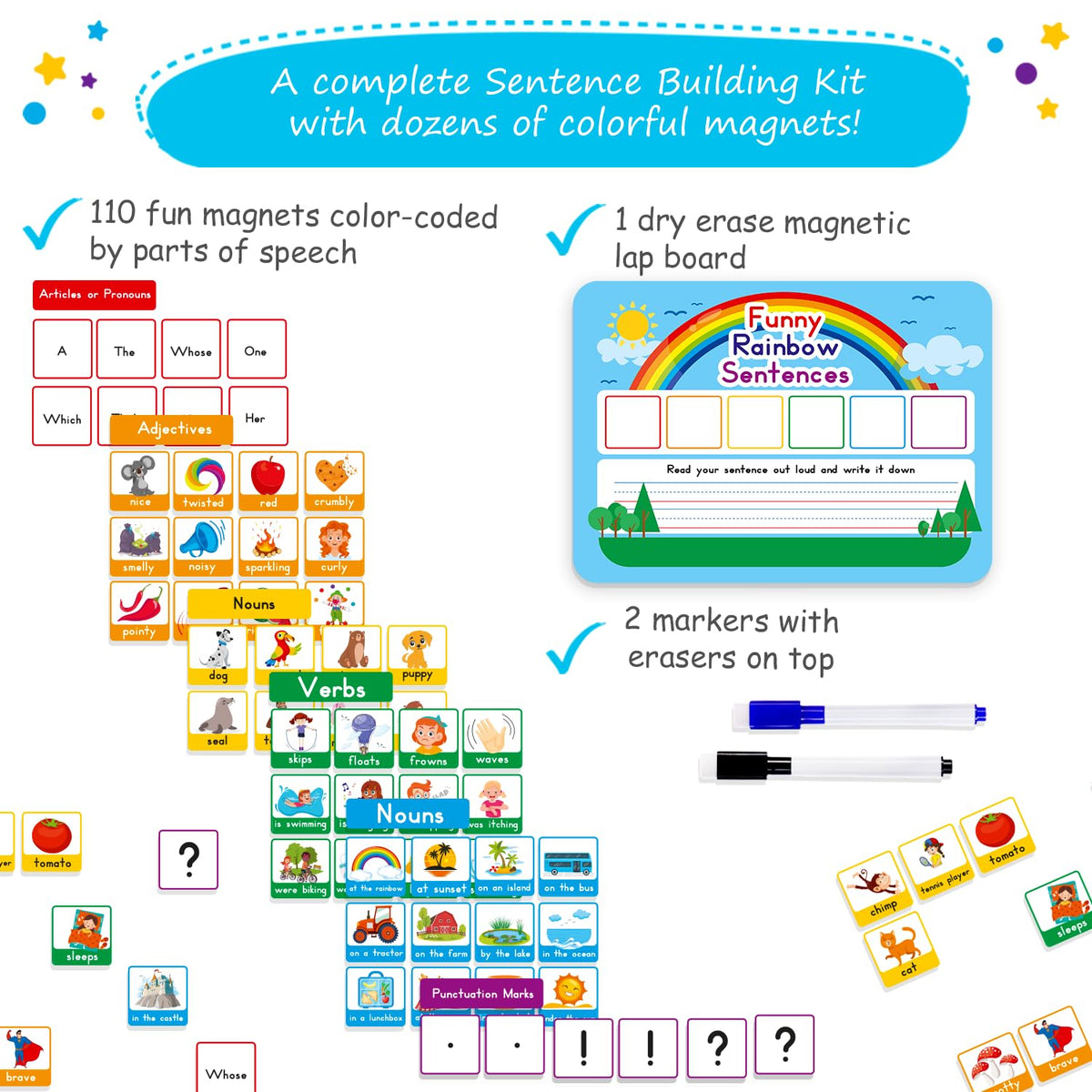 Simply Magic word-building magnets helping kids form sentences during home learning.