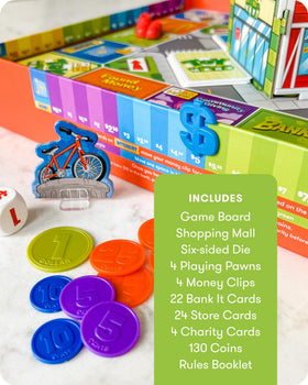 SimplyFun BankIt! bills and purchases scene illustrates real life spending.