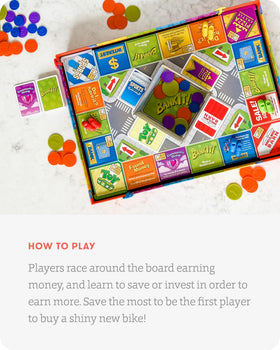 SimplyFun BankIt! family game night setup with players competing in finance challenges.