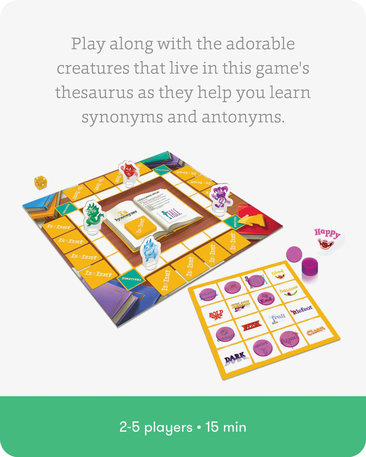 SimplyFun Is or Isn’t dice illustrate word challenges for different levels.