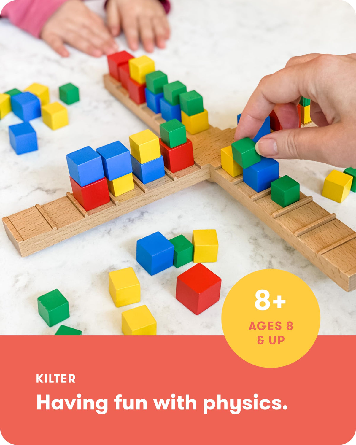 SimplyFun Kilter block-stacking action supports focus and strategic thinking.