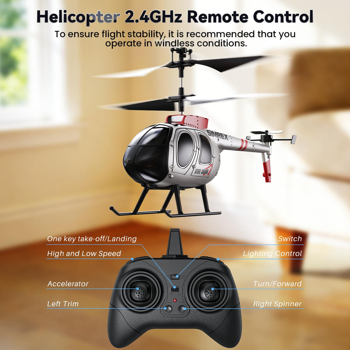 SIMREX RC helicopter compact design suited for tight spaces and portability.