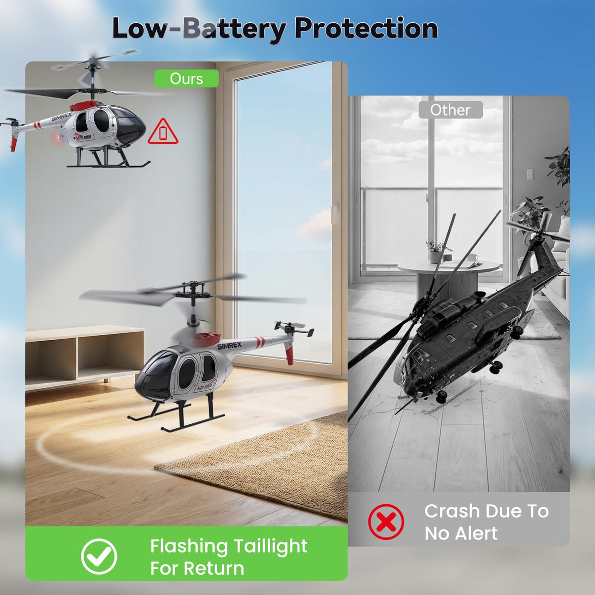 SIMREX RC helicopter designed for indoor-outdoor use with durable construction.