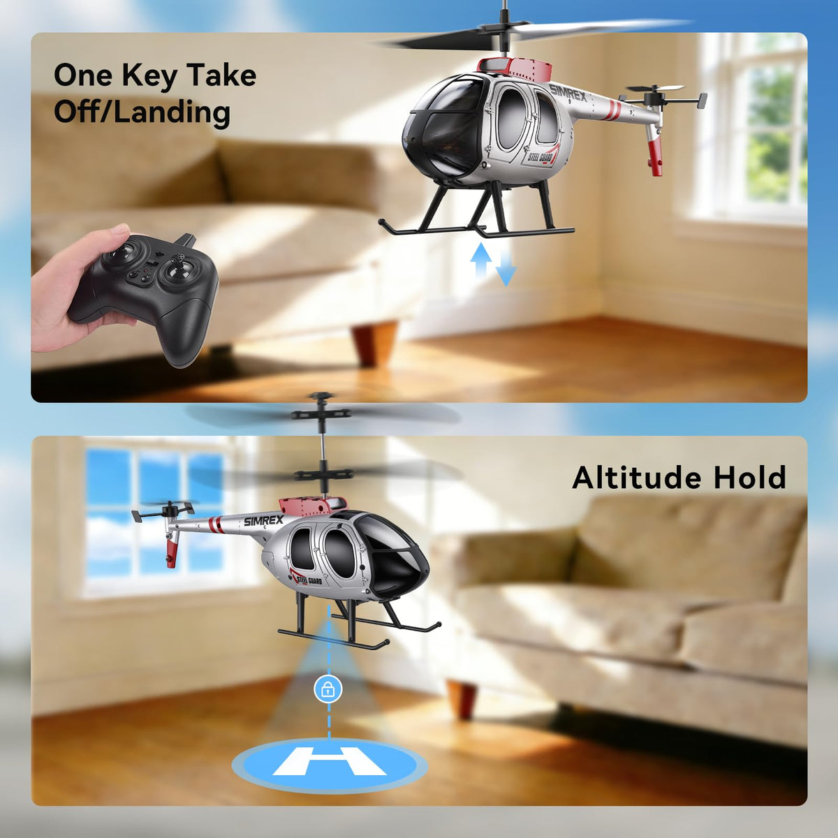 SIMREX RC helicopter with safe, durable rotors that handle light bumps.