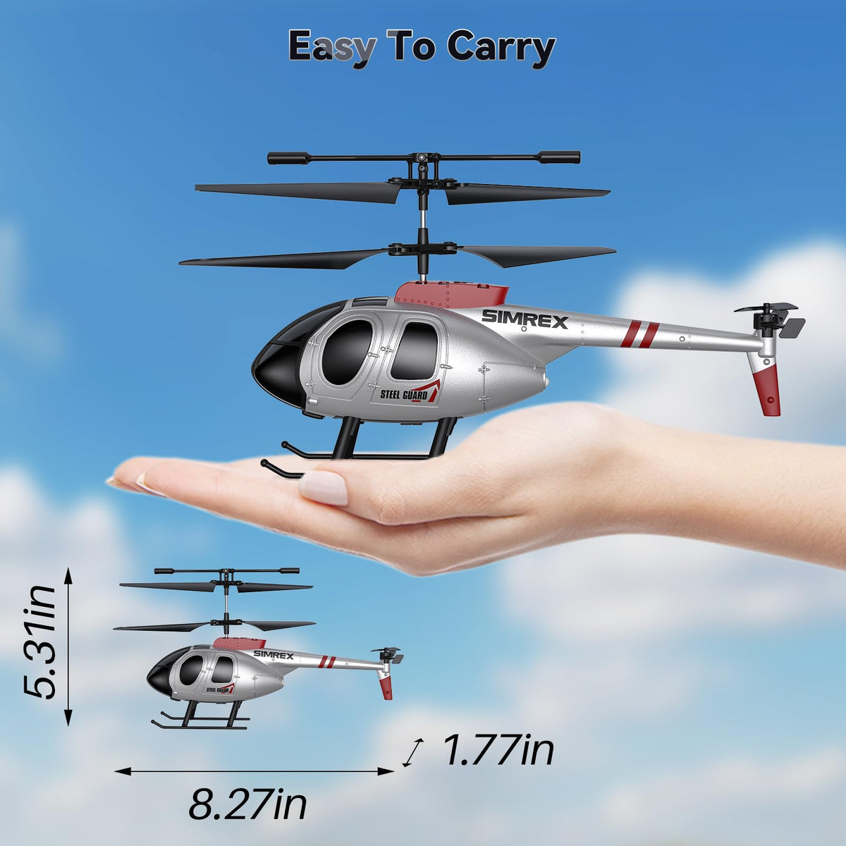 SIMREX RC helicopter showing two batteries for extended playtime and swaps.