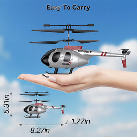 SIMREX RC helicopter showing two batteries for extended playtime and swaps.