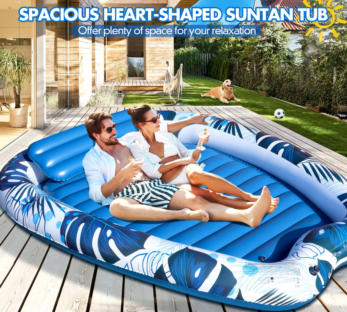 Sinbyuer inflatable lounger features ribbed pillow for premium comfort on water.