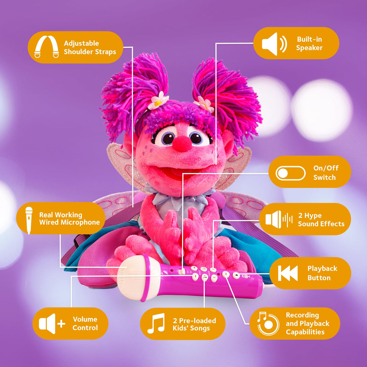 Singing Machine Abby Cadabby plush with adjustable strap for easy carrying anywhere.