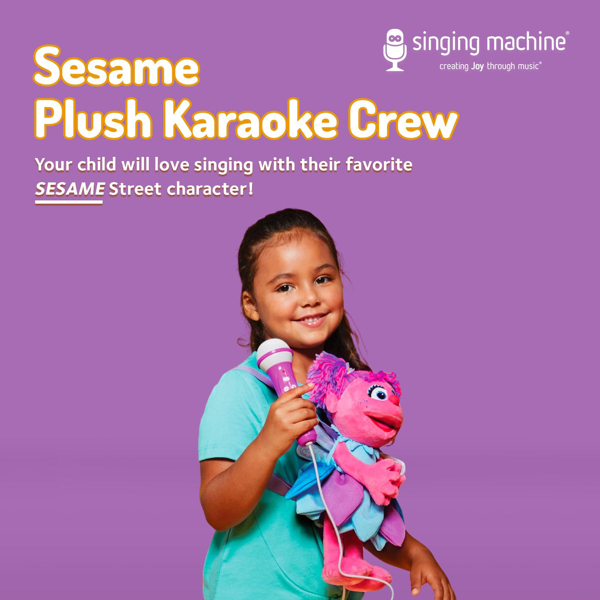 Singing Machine Abby Cadabby plush shows built-in microphone for portable play.