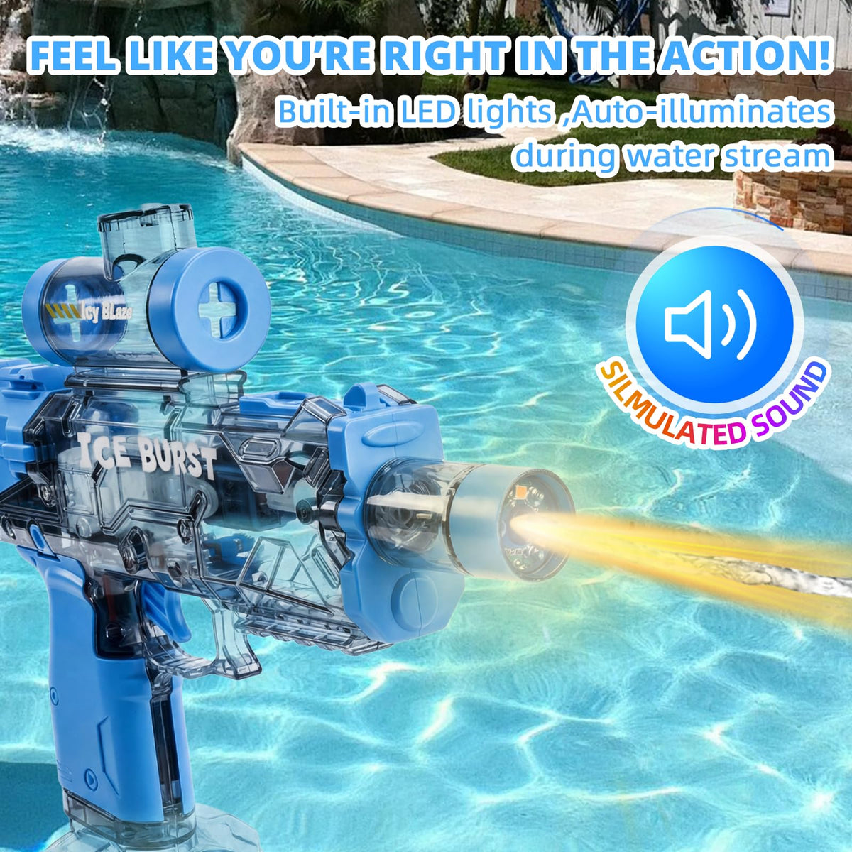 SiniReta water gun with 32ft range and precision sight for long-range targets.