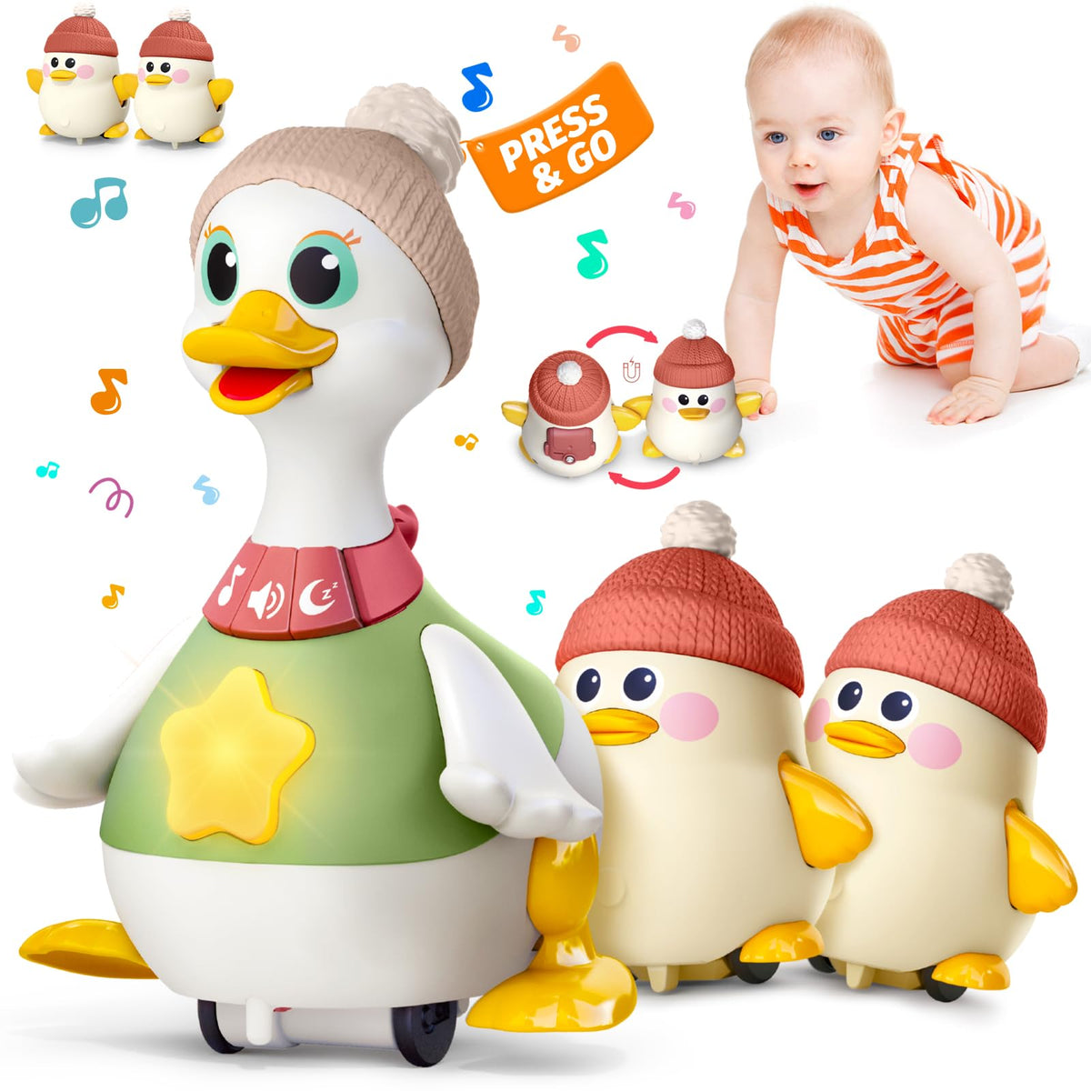 Sinpedex Musical Crawling Duck Mama waddles, inviting baby to chase during floor play.