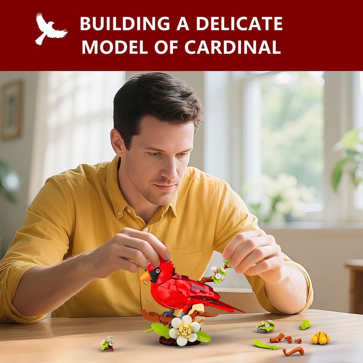 Sinuraii cardinal building set on a shelf creates a tasteful home accent.