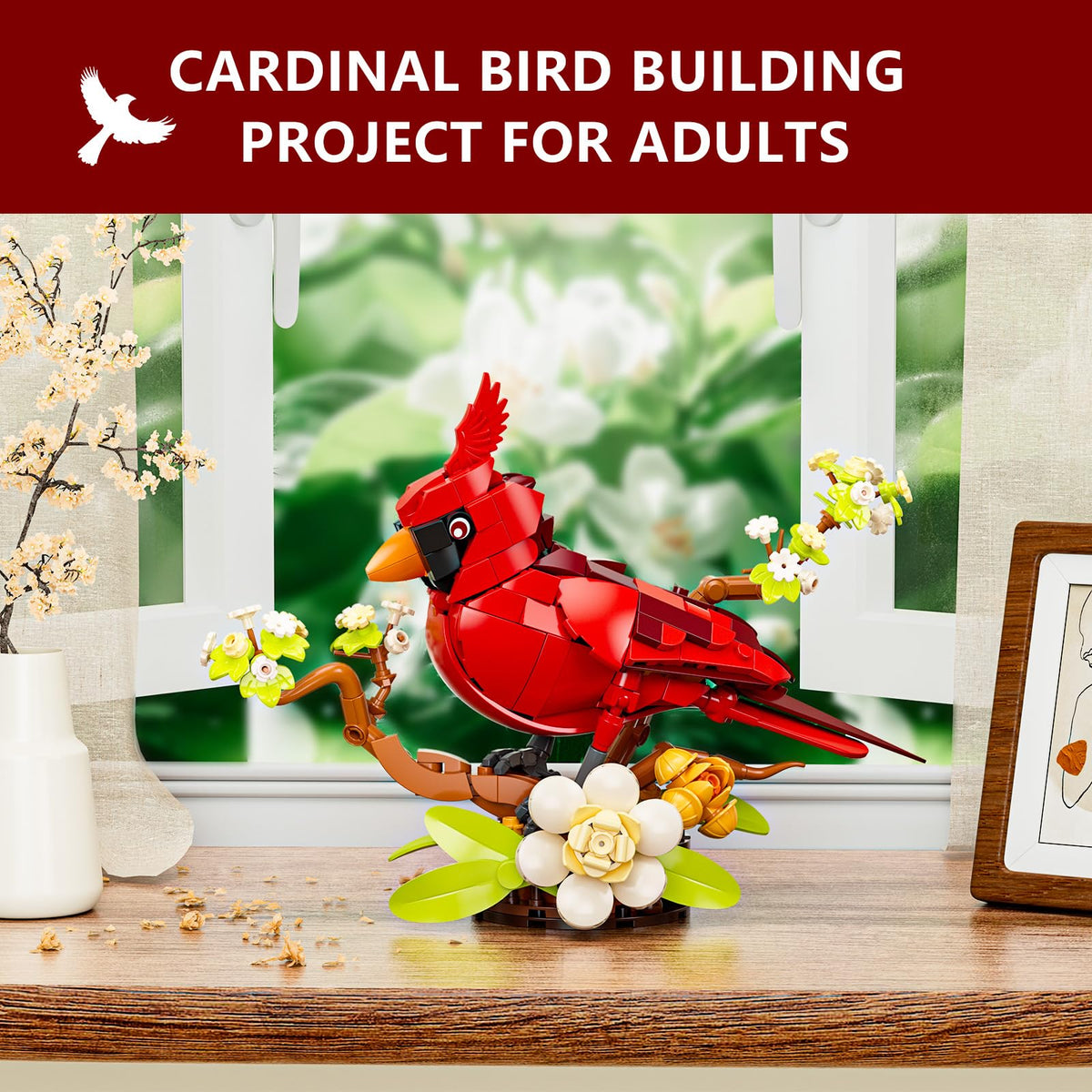 Sinuraii Cardinal with blooming dogwood flowers highlights lifelike color details for shelves.