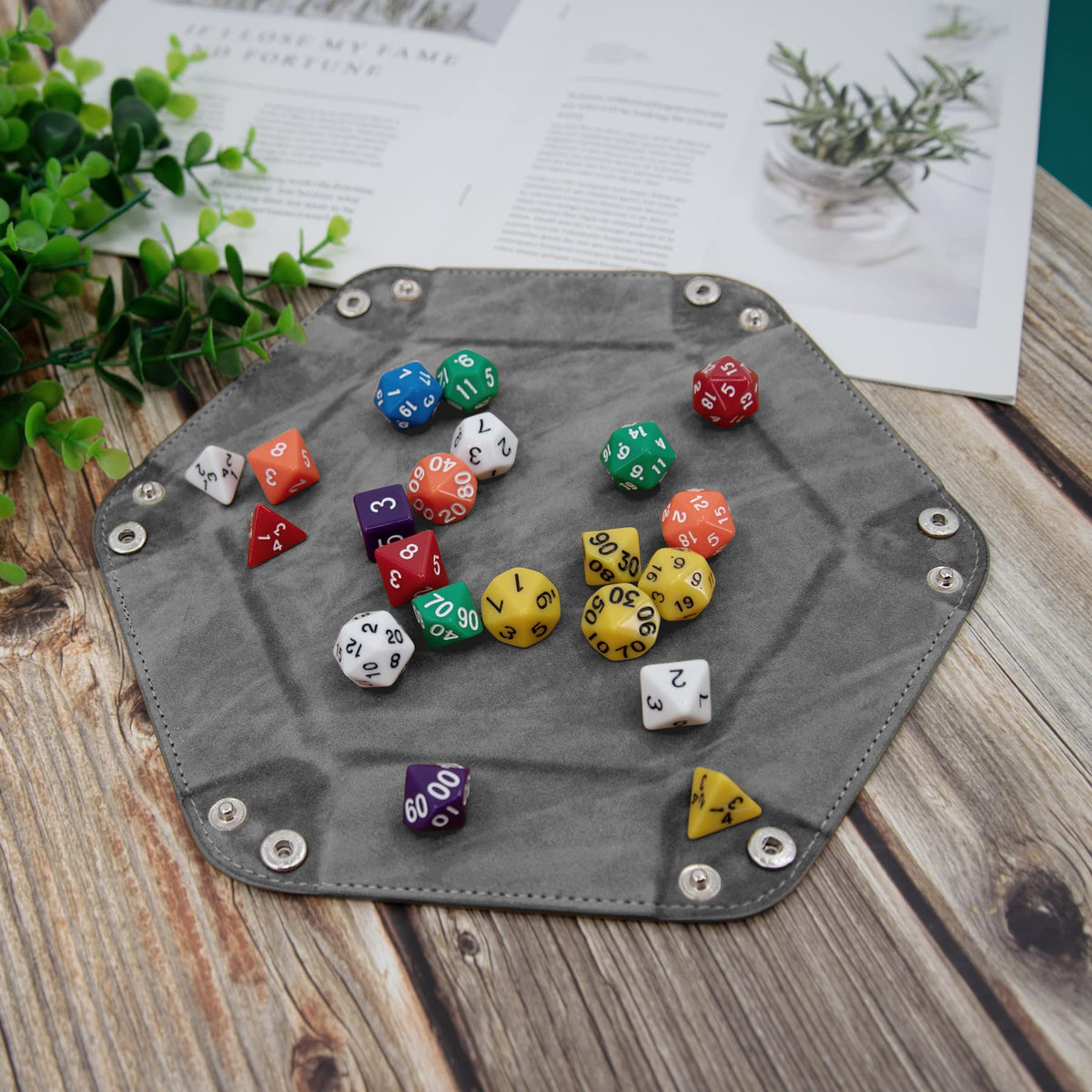 SIQUK hexagon dice tray blue folding, durable PU leather surface for smooth rolls.