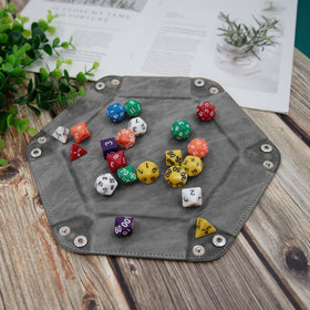SIQUK hexagon dice tray blue folding, durable PU leather surface for smooth rolls.