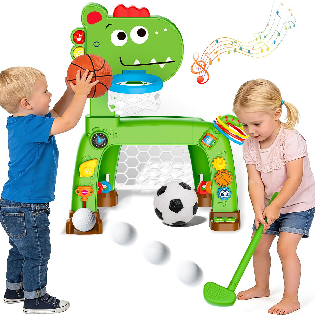 Sitodier 4-in-1 toddler hoop and soccer goal, dinosaur design inspires active play.