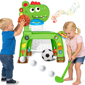 Sitodier 4-in-1 toddler hoop and soccer goal, dinosaur design inspires active play.