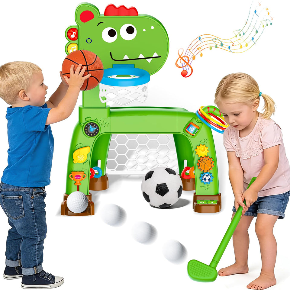 Sitodier 4-in-1 toddler hoop and soccer goal, dinosaur design inspires active play.