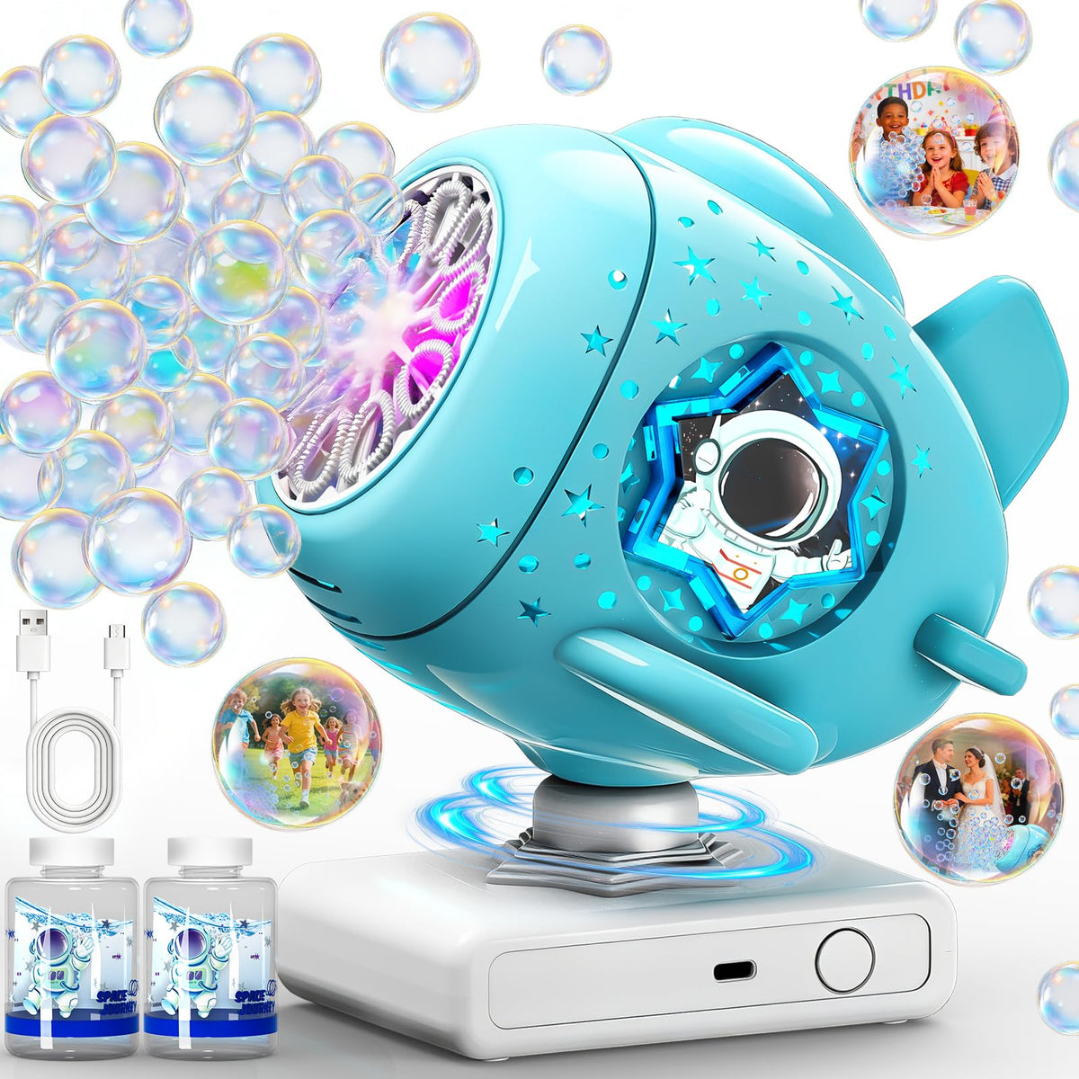 Sitodier bubble machine with 360° rotating base for immersive play.
