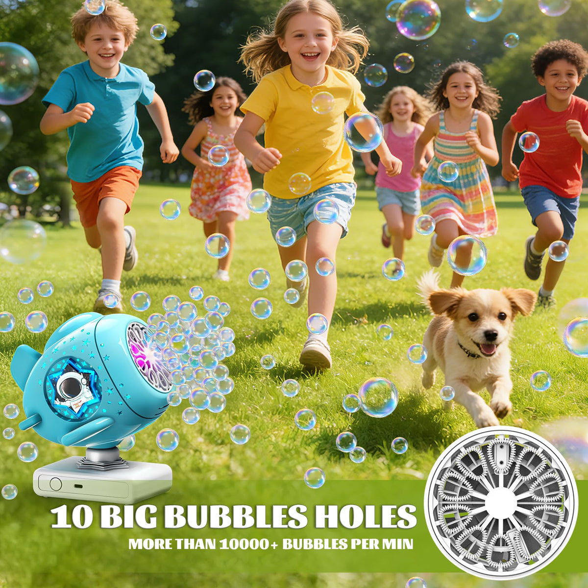 Sitodier bubble machine with LED lights creates rainbow bubbles at night.