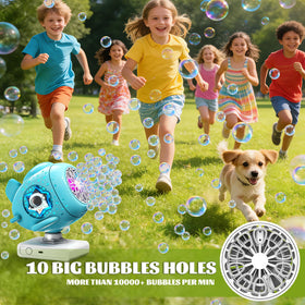 Sitodier bubble machine with LED lights creates rainbow bubbles at night.