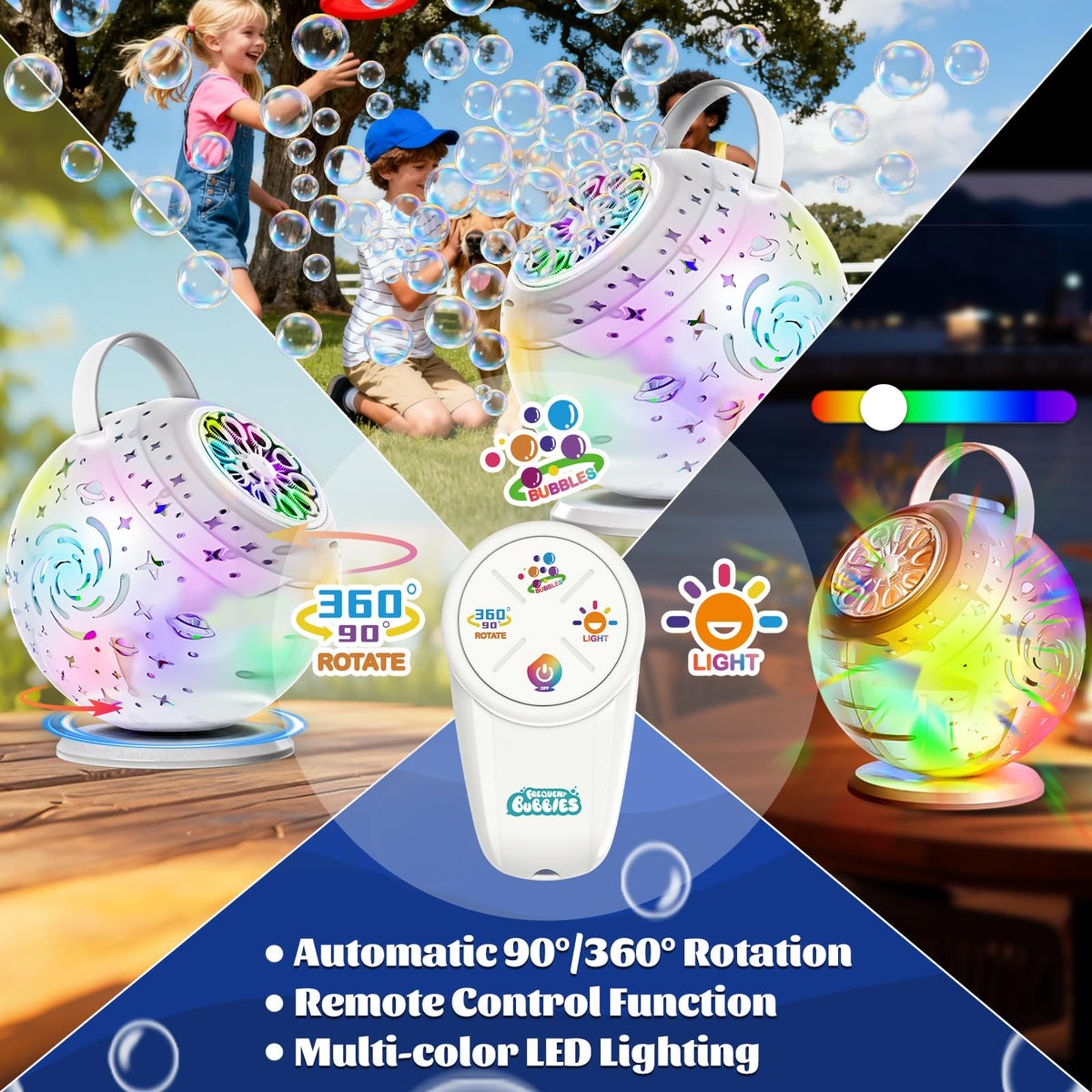Sitodier bubble machine 360-degree rotation for nonstop bubble action.