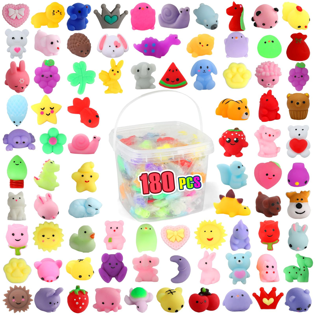 Siwarm 180-pack squishy toys in a bucket for easy transport.