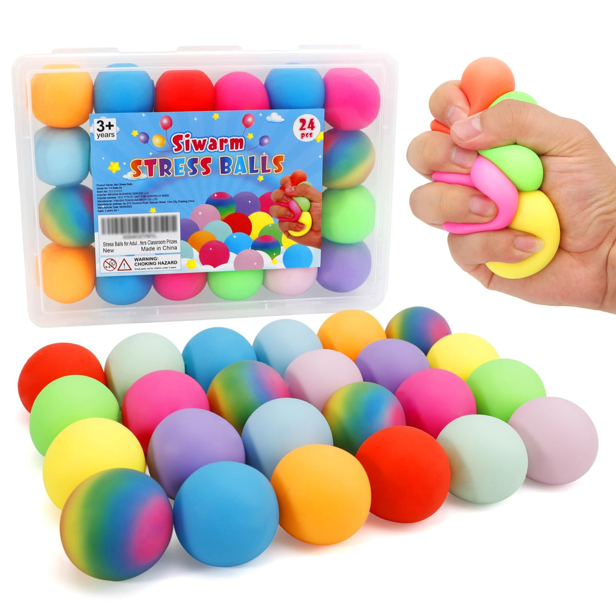Siwarm 24-pack stress balls in assorted colors for quick focus and stress relief.
