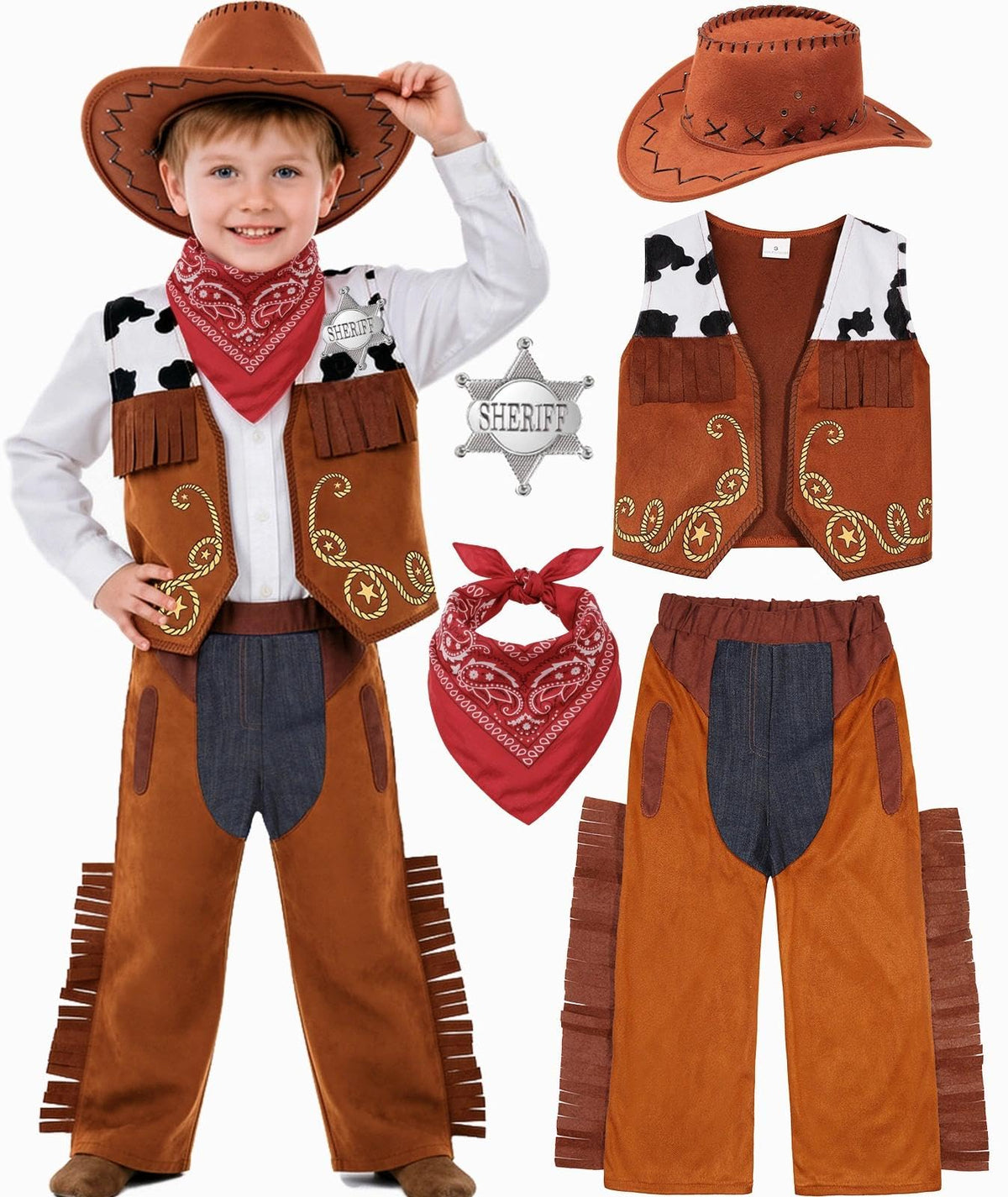SIZGAROOT cowboy costume set with vest, pants, hat, bandana, and badge for immersive dress-up.