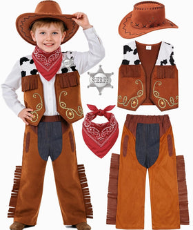 SIZGAROOT cowboy costume set with vest, pants, hat, bandana, and badge for immersive dress-up.