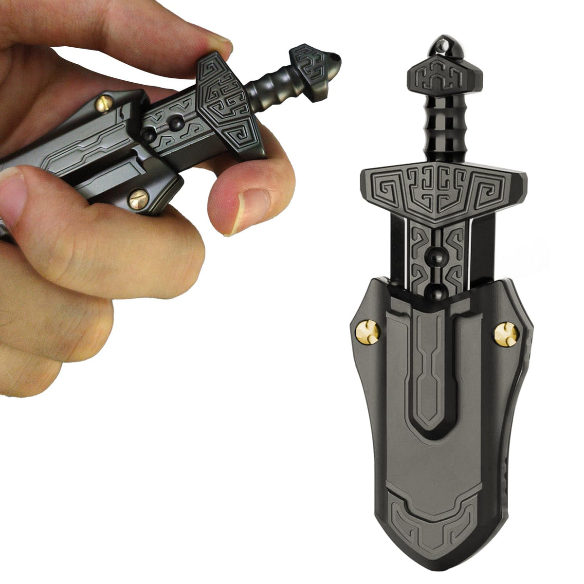 The SKEDC sword fidget slider front view showcases a sleek alloy design for focus.