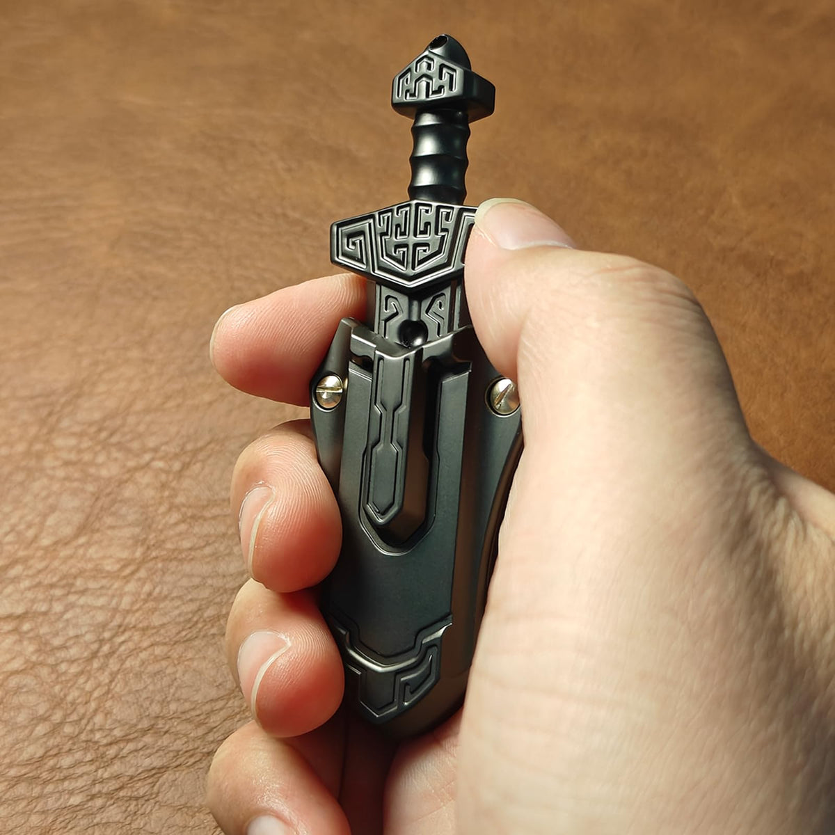 The SKEDC sword fidget slider material closeup emphasizes premium alloy and smooth edges.