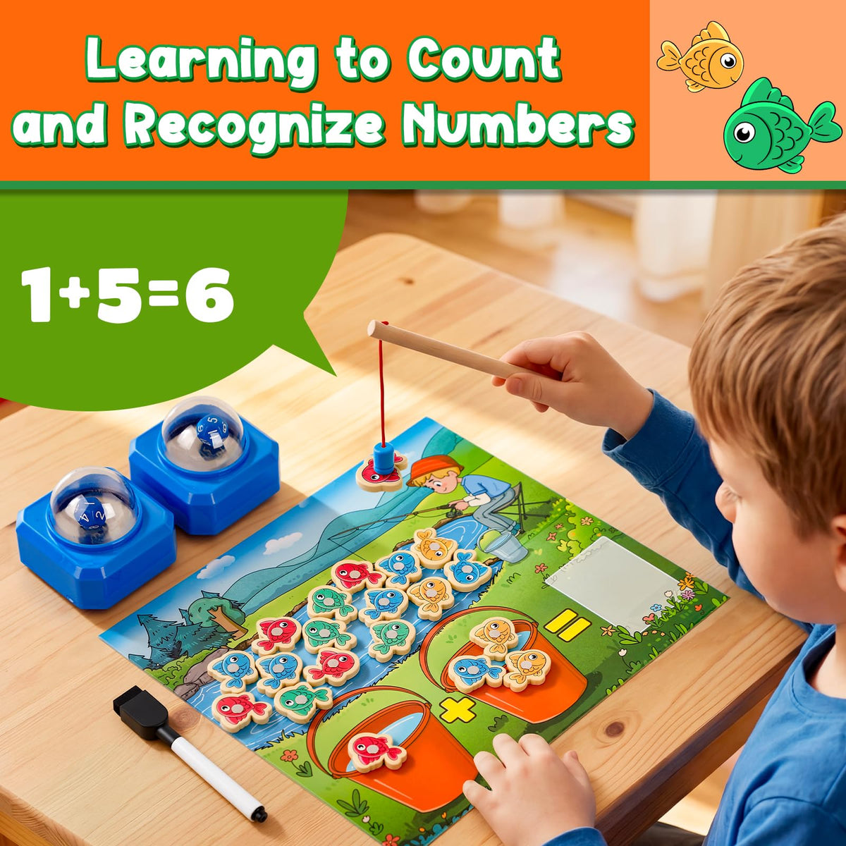 SkilLify wooden magnetic fishing pole enables hands-on counting.