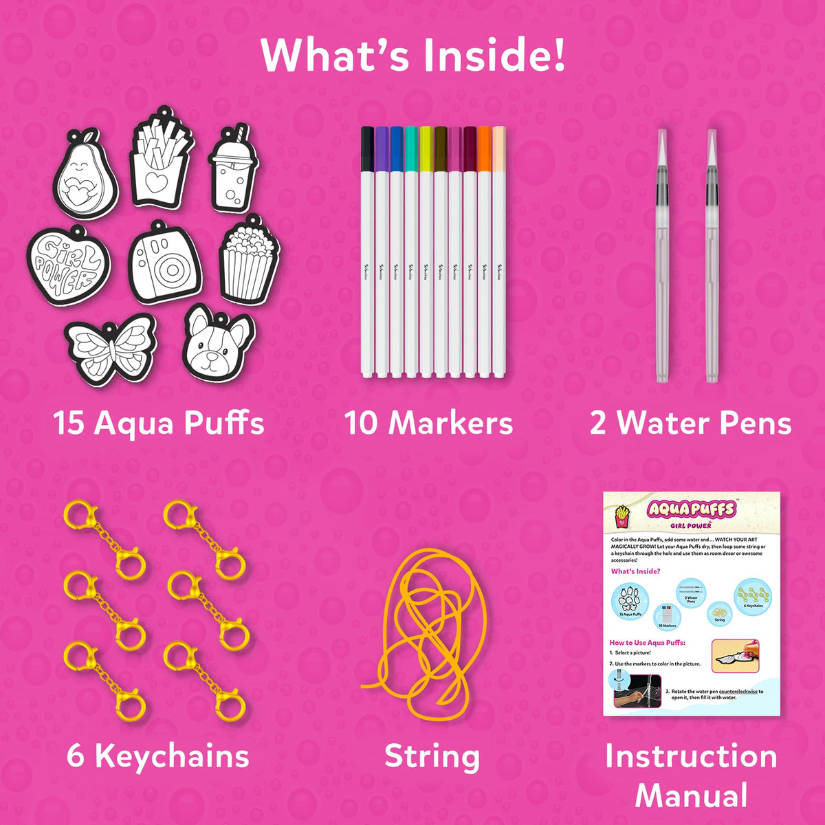 Skillmatics Aqua Puffs backpack decor adds color to school bags.