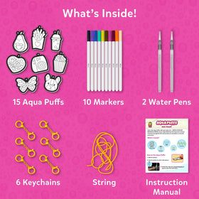 Skillmatics Aqua Puffs backpack decor adds color to school bags.