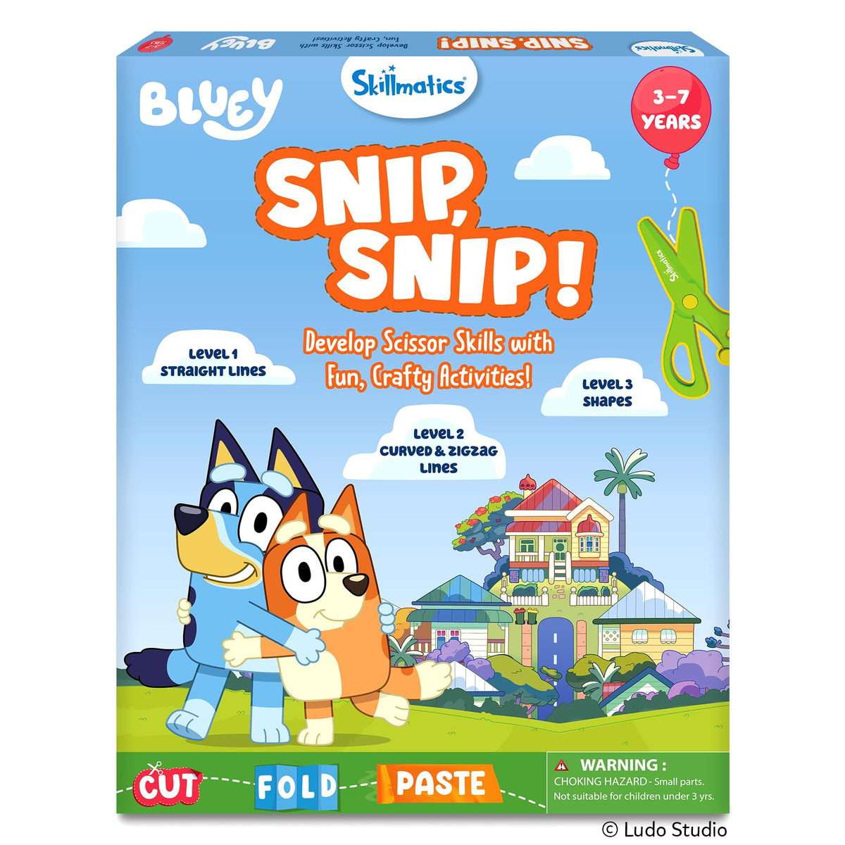 Skillmatics Bluey Scissor Skills Book cover promoting creative cutting practice.
